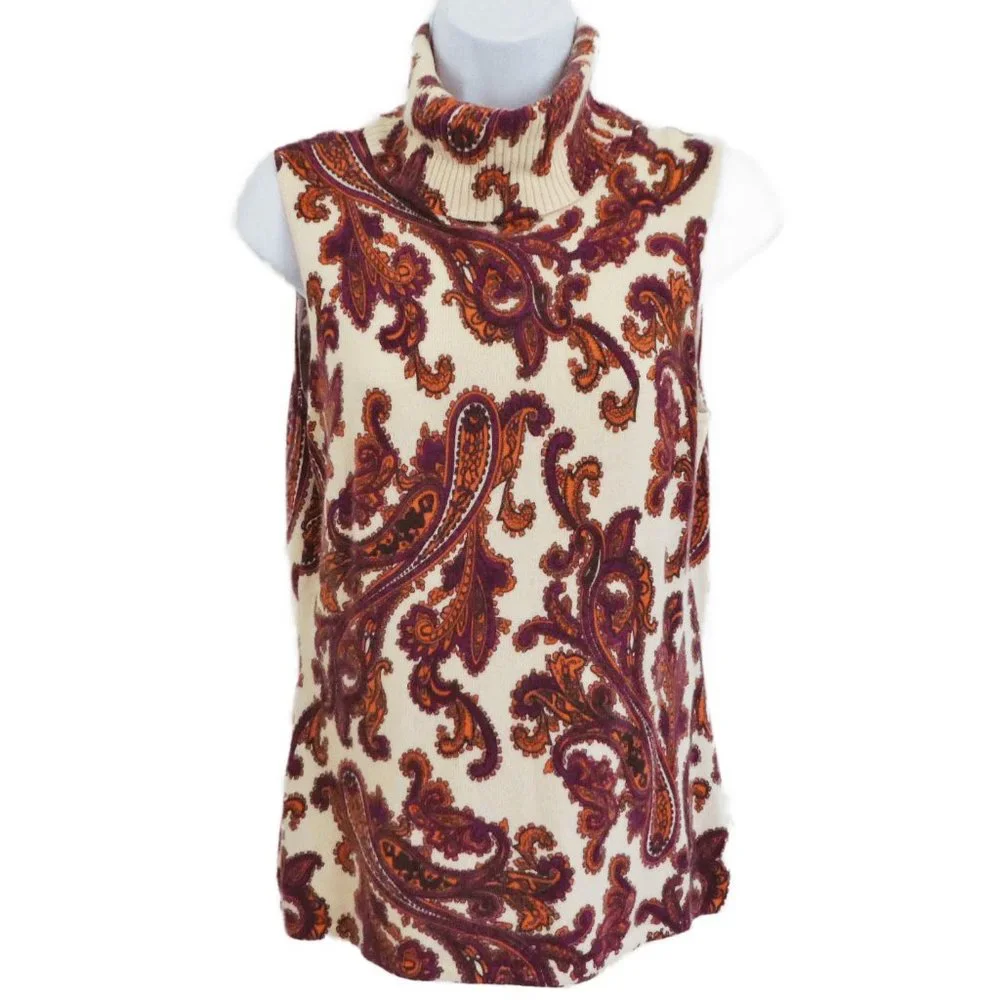 Pure CaSHMeRe Sutton Studio Turtleneck Sweater Sleeveless Paisley Vintage M